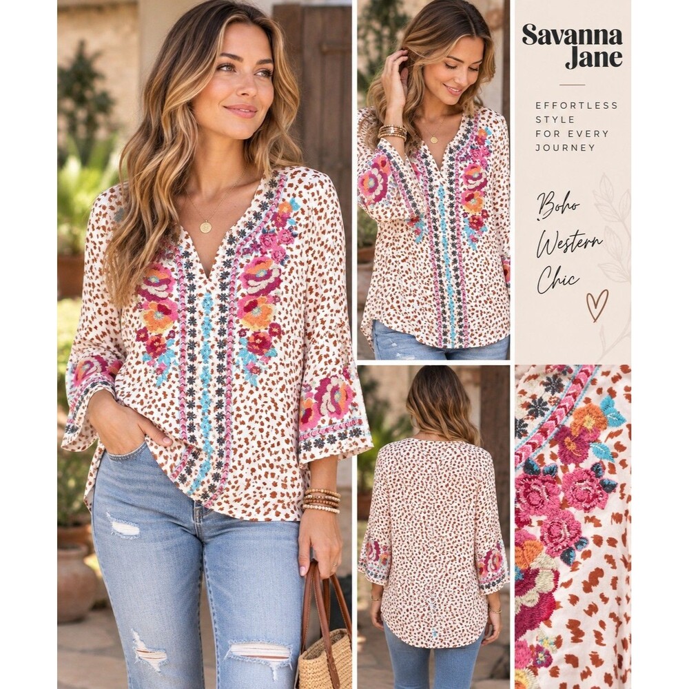 NWT Savanna Jane Women S Embroidered Floral Leopard Print Tunic Top Boho Western